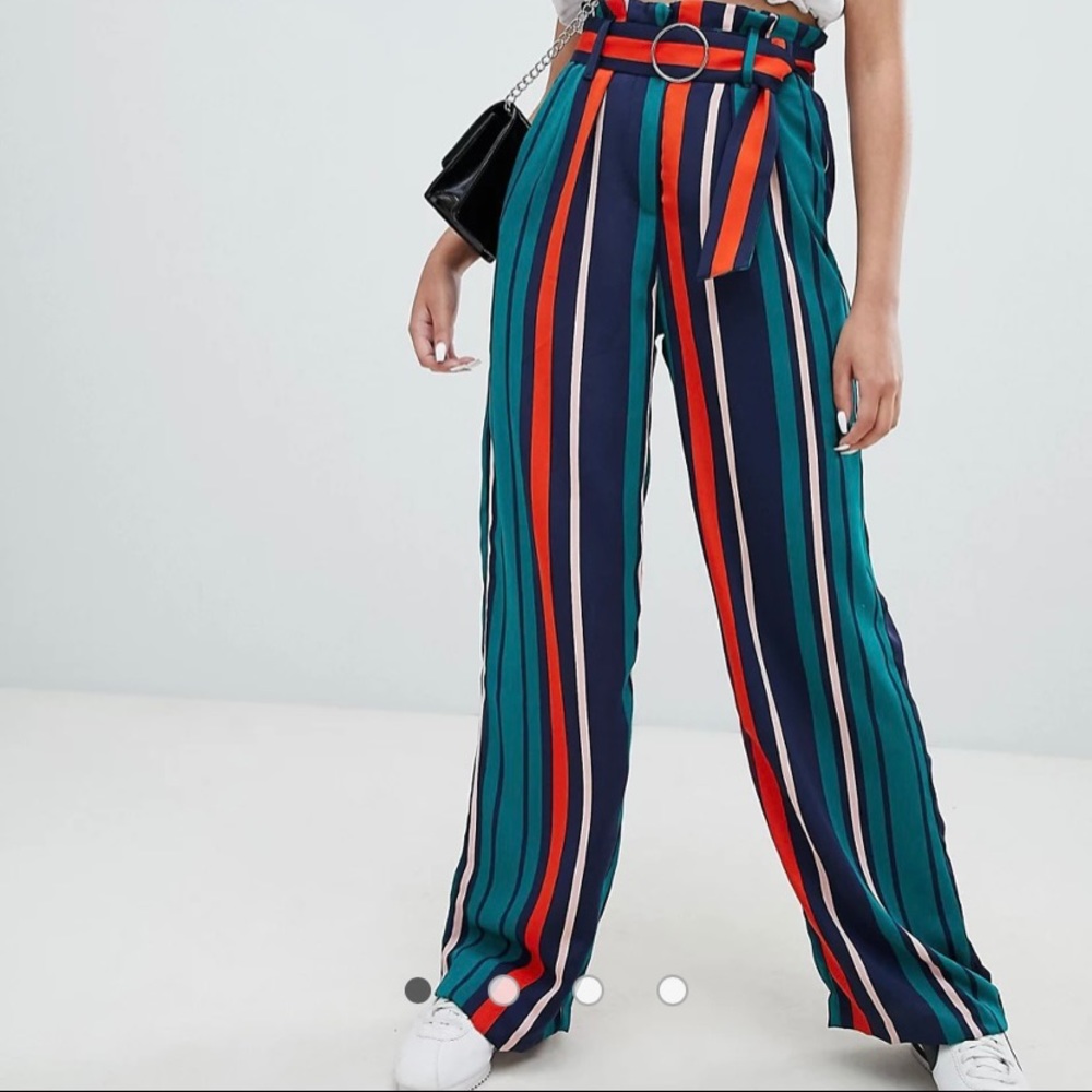 Bershka multi stripe tie d ring wide leg pants